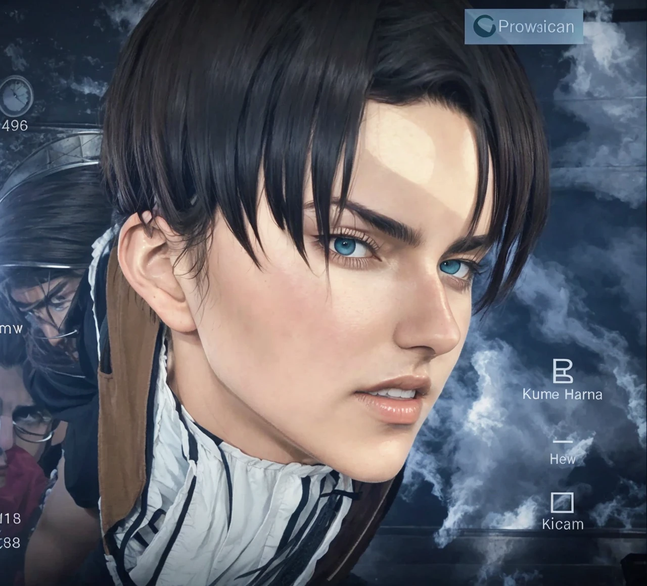 Eren Yeager has a German appearance, with a fairly long face, brown hair, round turquoise eyes. His skin appears slightly yellower than the other characters. Her short hair reached the nape of her neck and was parted in front of her forehead in a kind of curtain. The eyes are quite large and expressive.