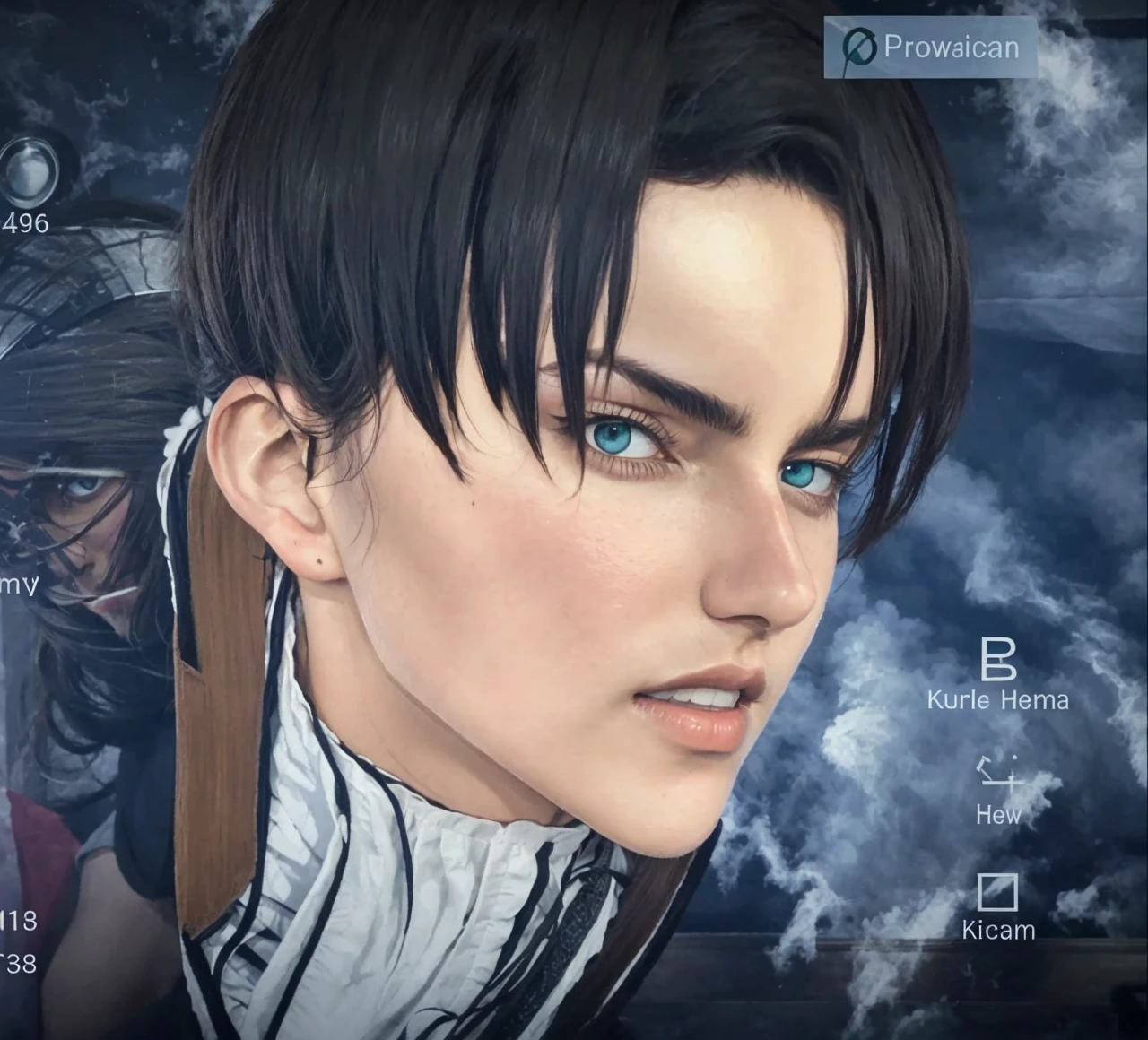 Eren Yeager has a German appearance, with a fairly long face, brown hair, round turquoise eyes. His skin appears slightly yellower than the other characters. Her short hair reached the nape of her neck and was parted in front of her forehead in a kind of curtain. The eyes are quite large and expressive.