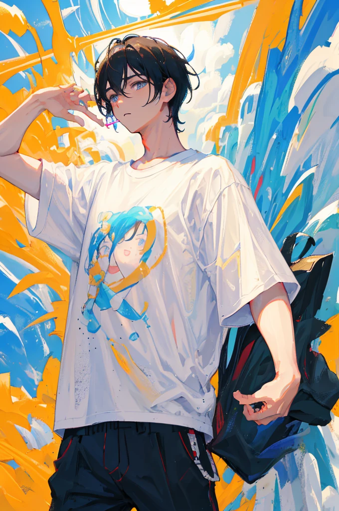 (masterpiece, best quality),1boy with black hair, white shirt, ((boy)), detailed face, detailed hand, holding lollipop,