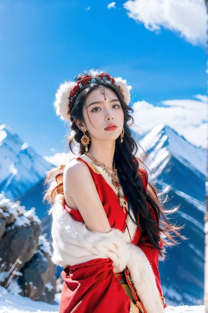 (masterpiece, best quality:1.2),red Tibetan clothing,1 Tibetan girl, blue sky, cloud, cloudy sky, day, earrings,Plush hat, horizon,Tibetan Earrings,jewelry,necklace, lips,snow mountain, outdoors, parted lips, red lips, solo,flat chest,(close-up of upper body:1.2),standing,(arms behind back:1.2),(from front:1.2)