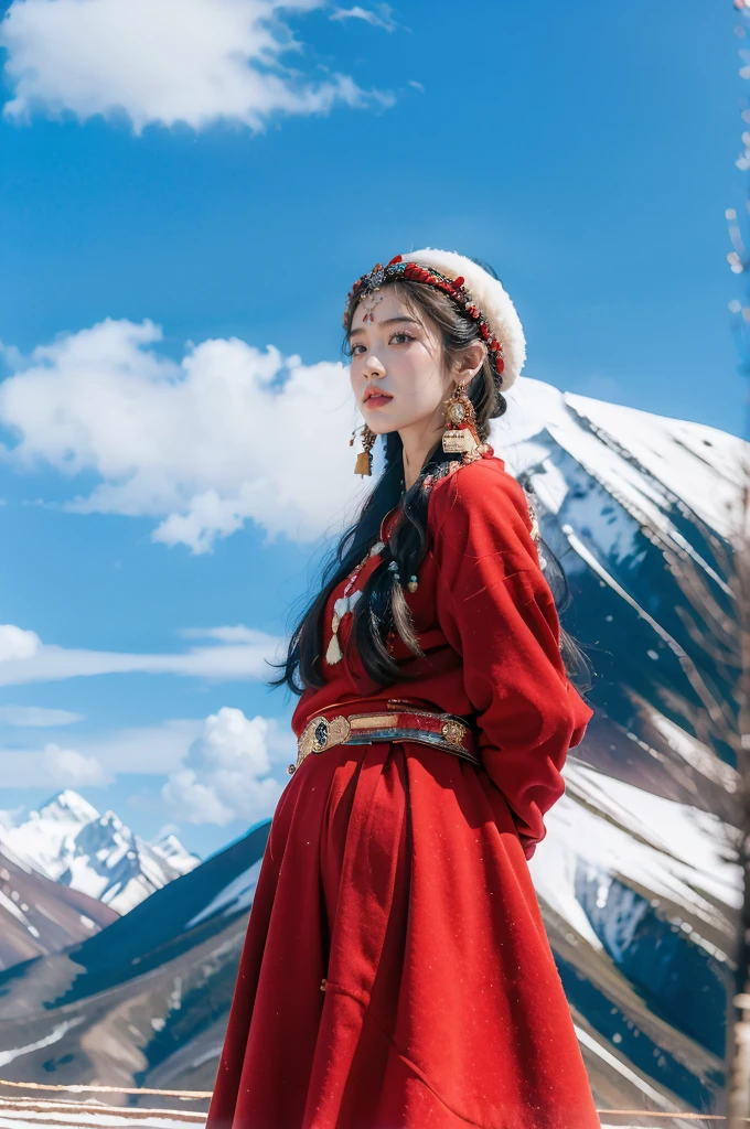 (masterpiece, best quality:1.2),red Tibetan clothing,1 Tibetan girl, blue sky, cloud, cloudy sky, day, earrings,Plush hat, horizon,Tibetan Earrings,jewelry,necklace, lips,snow mountain, outdoors, parted lips, red lips, solo,flat chest,(close-up of upper body:1.2),standing,(arms behind back:1.2),(from front:1.2)