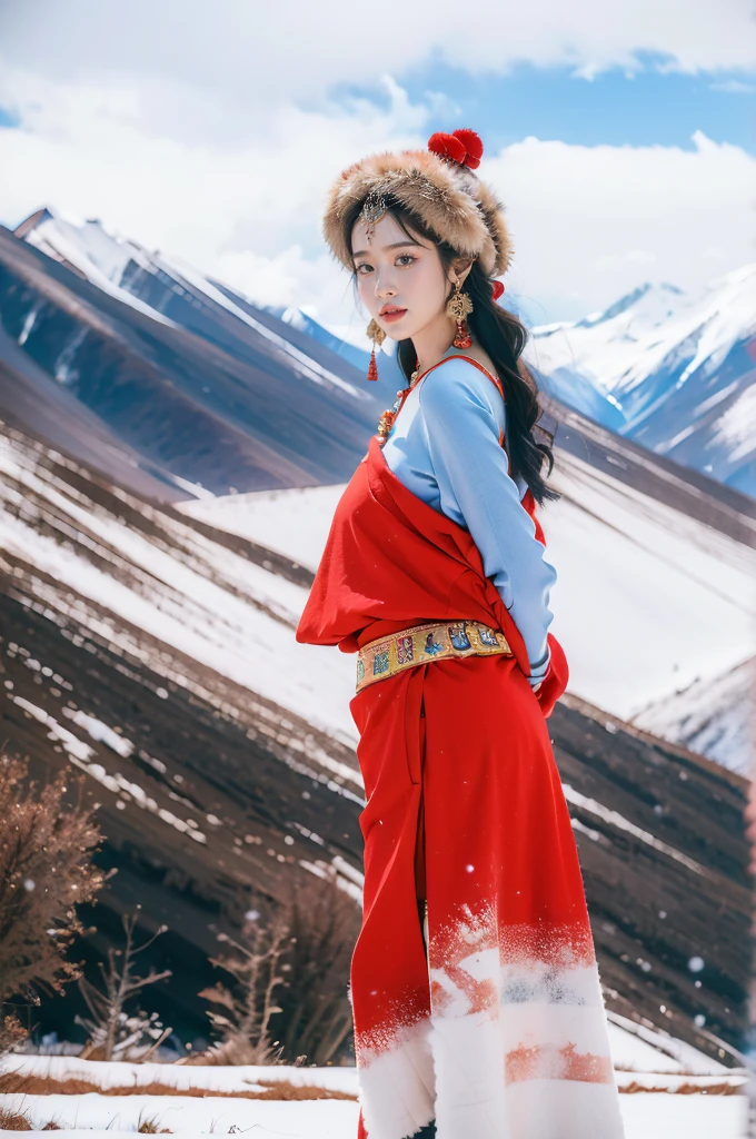(masterpiece, best quality:1.2),red Tibetan clothing,1 Tibetan girl, blue sky, cloud, cloudy sky, day, earrings,Plush hat, horizon,Tibetan Earrings,jewelry,necklace, lips,snow mountain, outdoors, parted lips, red lips, solo,flat chest,(close-up of upper body:1.2),standing,(arms behind back:1.2),(from front:1.2)