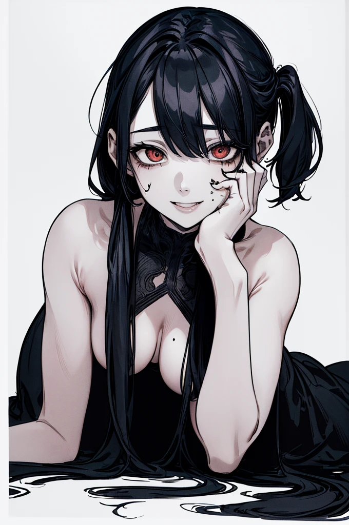 Highest quality, (Background details), High Contrast,naked、 Approaching on all fours、Female organ、Holding a knife、Blood、red、topless、whole body、Super beautiful girl, Detailed original illustrations、functional、Looking into the camera、Twin tails、Black Hair、Bloodだらけ、Stalker、Delicate face、attractive、Villainess、sexy、Real breasts、Crazy Smile, Crazy Eyes、 Beautiful line art