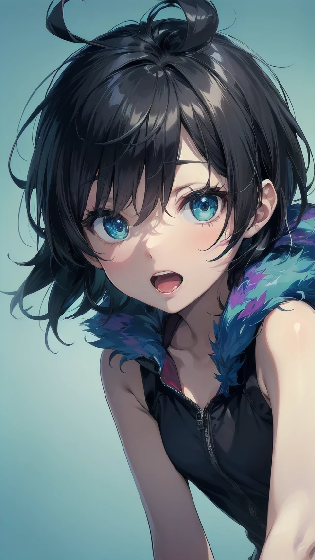Close-up of a cartoon girl with blue hair and a yellow shirt, 2D Animation, 2D Animation style, 2D Art, 2D Art, 2D from Gorillaz, 2D from Gorillaz, 2D Gorillaz, Screaming Cerket, 2D Sprites, Jinx Face, short hair, Small breasts, hot pants, ((Black Hair, Bright blue fur inside:1.4))