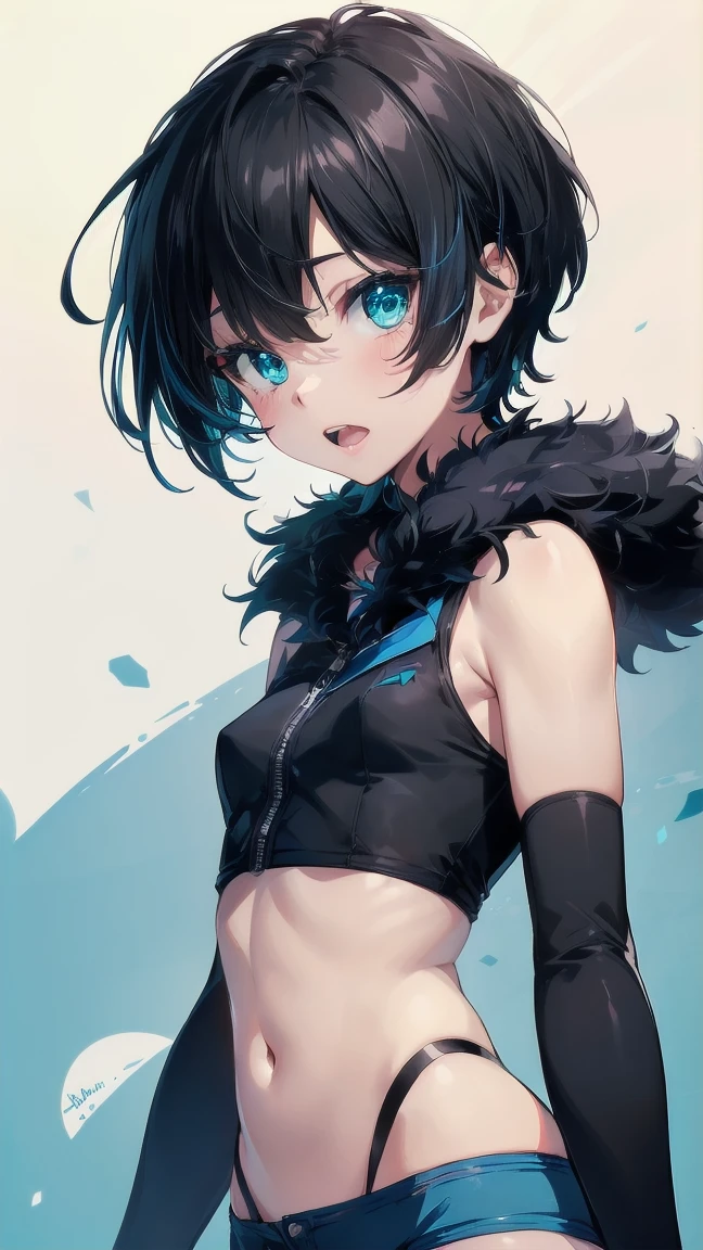 Close-up of a cartoon girl with blue hair and a yellow shirt, 2D Animation, 2D Animation style, 2D Art, 2D Art, 2D from Gorillaz, 2D from Gorillaz, 2D Gorillaz, Screaming Cerket, 2D Sprites, Jinx Face, short hair, Small breasts, hot pants, ((Black Hair, Bright blue fur inside:1.4))