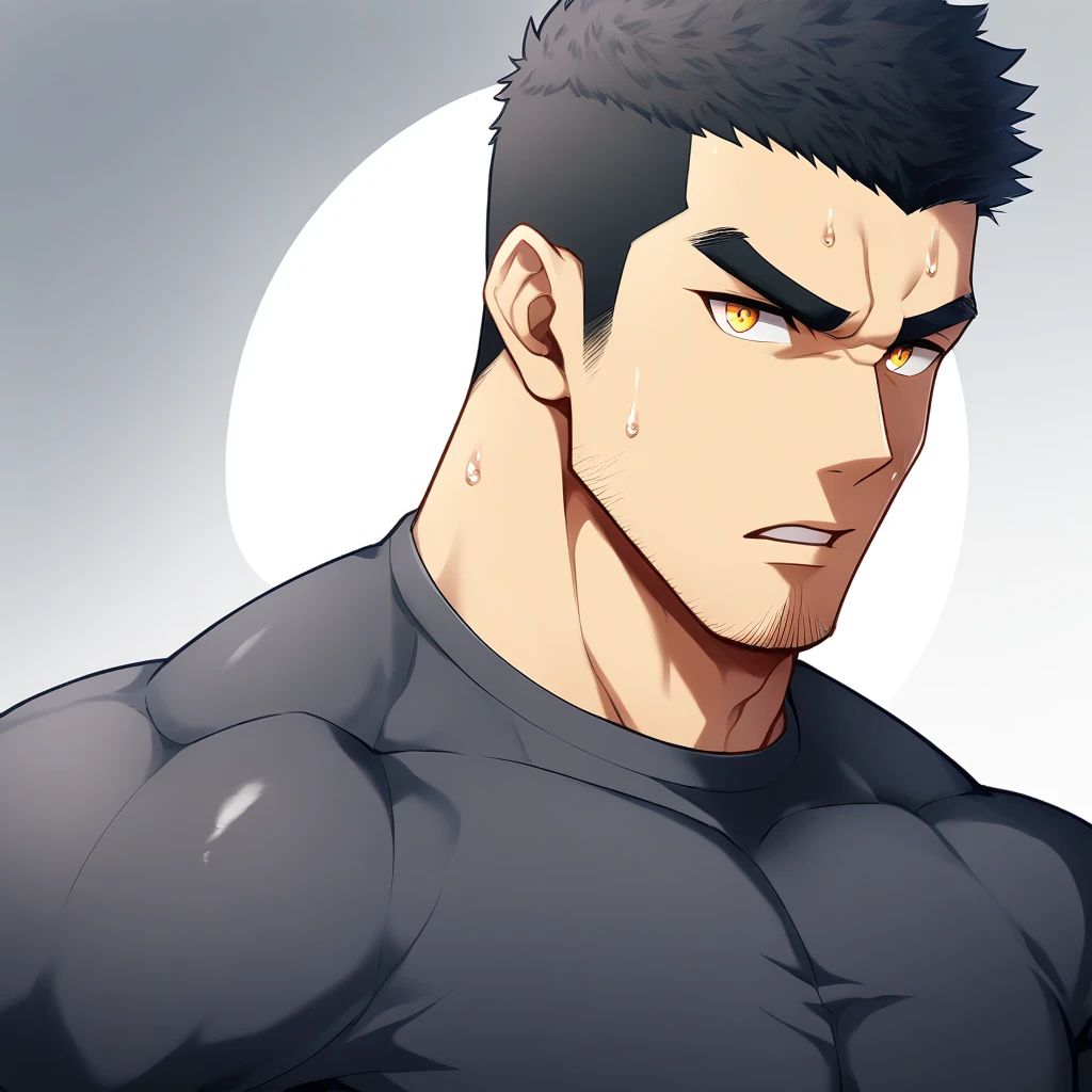 anime characters：Gyee, Muscle Sports Student, 1 muscular tough guy, Manliness, male focus, Close-up of the side, Light yellow high collar long sleeve tight T-shirt, Very tight, The clothes were soaked with sweat, The pectoral muscles are oversized, Slightly transparent, muscular male, muscular, only, Upper body, alone, Black short hair, Thick eyebrows, stubble, Yellow eyes, Grey background, simple background, amazing quality, best aesthetics, Ridiculous, bright pupils, crew cut, parted lips, v-shaped eyebrows, jitome, disdain, drop shadow, best quality
