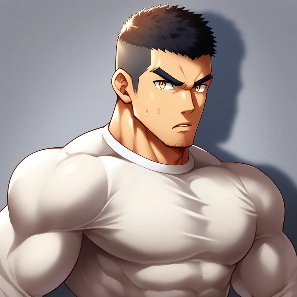anime characters：Gyee, Muscle Sports Student, 1 muscular tough guy, Manliness, male focus, Close-up of the side, Light yellow high collar long sleeve tight T-shirt, Very tight, The clothes were soaked with sweat, The pectoral muscles are oversized, Slightly transparent, muscular male, muscular, only, Upper body, alone, Black short hair, Thick eyebrows, stubble, Yellow eyes, Grey background, simple background, amazing quality, best aesthetics, Ridiculous, bright pupils, crew cut, parted lips, v-shaped eyebrows, jitome, disdain, drop shadow, best quality
