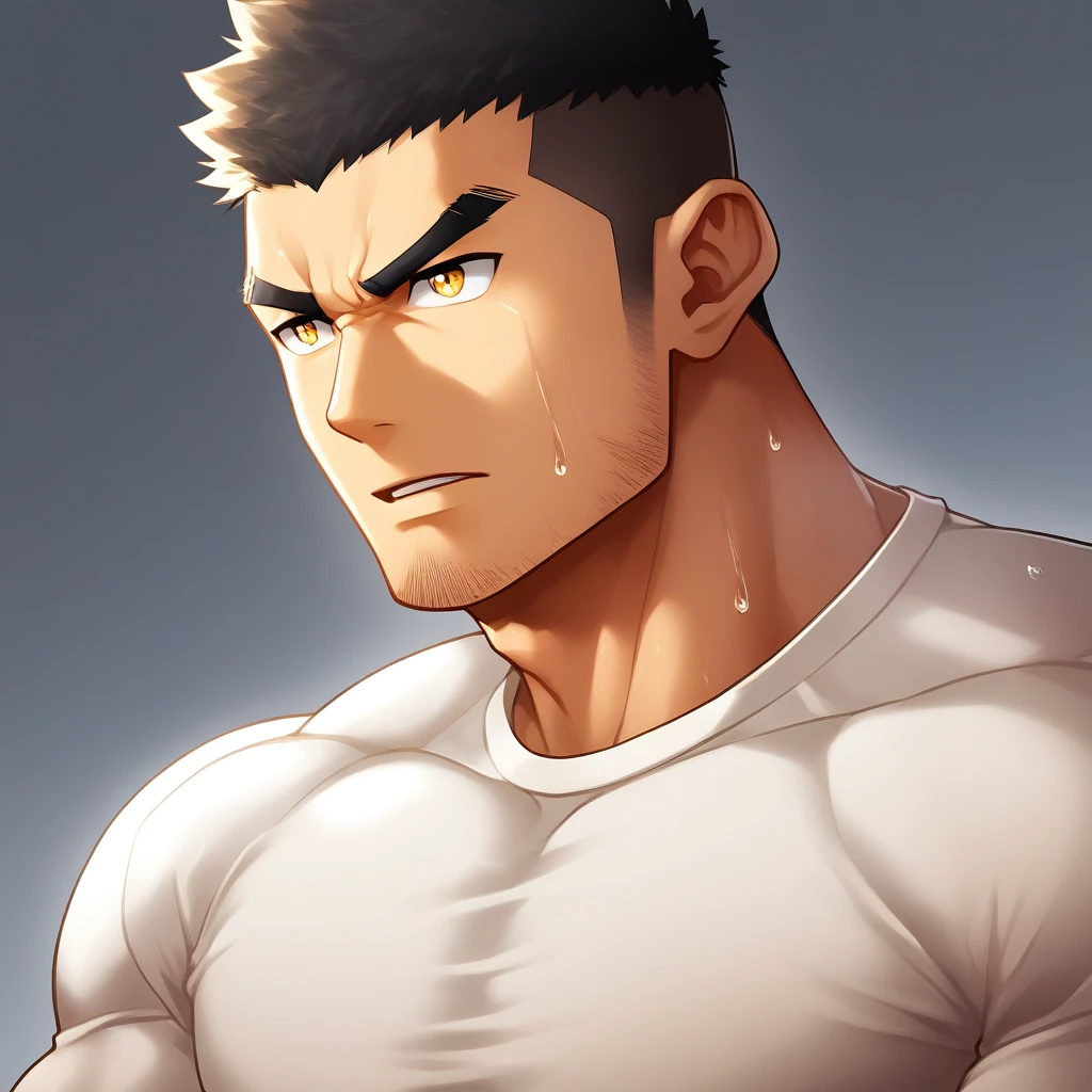 anime characters:Gyee, Muscle Sports Student, 1 muscular tough guy, Manliness, male focus, Close-up of the side, Light yellow high collar long sleeve tight T-shirt, Very tight, The clothes were soaked with sweat, The pectoral muscles are oversized, Slightly transparent, muscular male, muscular, only, Upper body, alone, Black short hair, Thick eyebrows, stubble, Yellow eyes, Grey background, simple background, amazing quality, best aesthetics, Ridiculous, bright pupils, crew cut, parted lips, v-shaped eyebrows, jitome, disdain, drop shadow, best quality