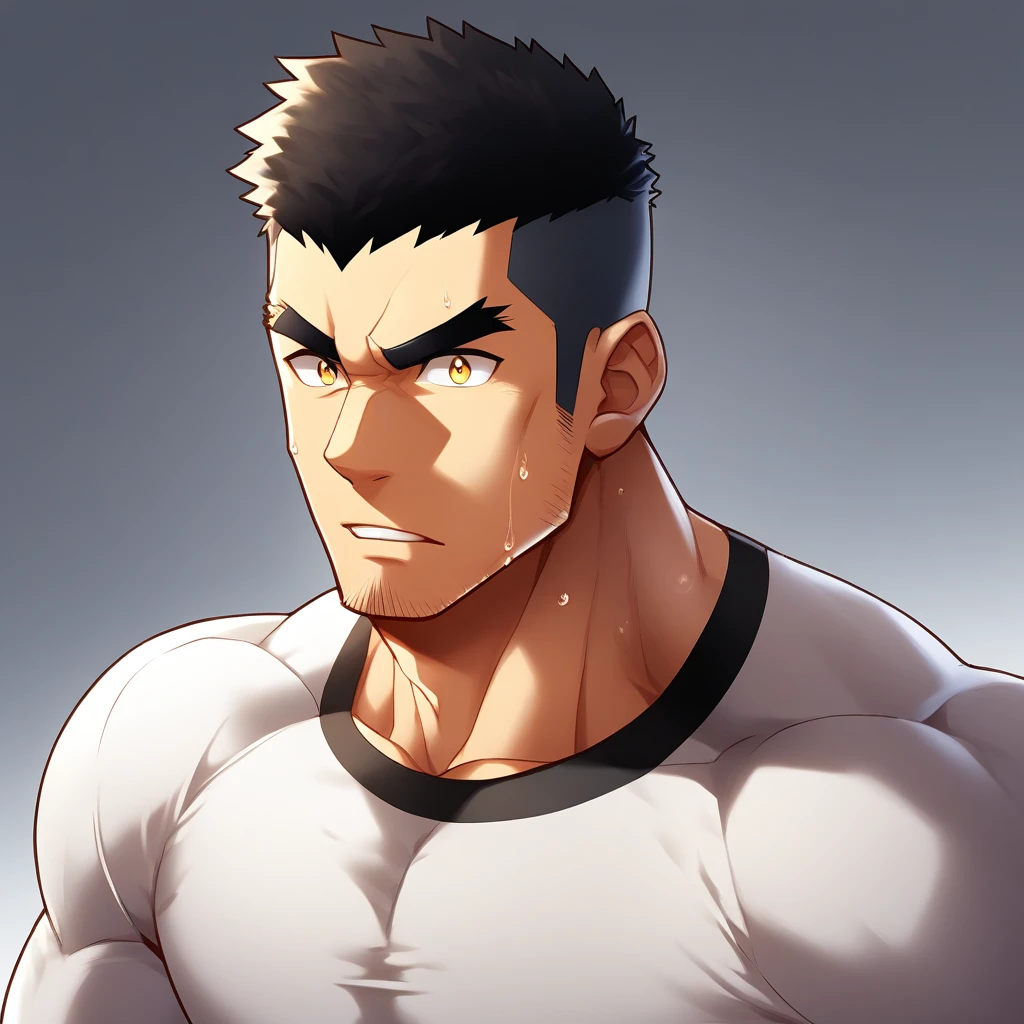 anime characters:Gyee, Muscle Sports Student, 1 muscular tough guy, Manliness, male focus, Close-up of the side, Light yellow high collar long sleeve tight T-shirt, Very tight, The clothes were soaked with sweat, The pectoral muscles are oversized, Slightly transparent, muscular male, muscular, only, Upper body, alone, Black short hair, Thick eyebrows, stubble, Yellow eyes, Grey background, simple background, amazing quality, best aesthetics, Ridiculous, bright pupils, crew cut, parted lips, v-shaped eyebrows, jitome, disdain, drop shadow, best quality