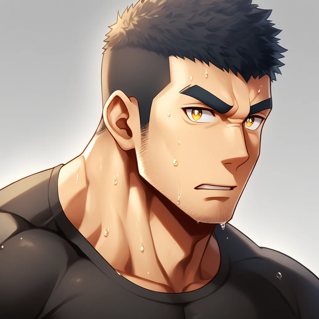 anime characters:Gyee, Muscle Sports Student, 1 muscular tough guy, Manliness, male focus, Close-up of the side, Light yellow high collar long sleeve tight T-shirt, Very tight, The clothes were soaked with sweat, The pectoral muscles are oversized, Slightly transparent, muscular male, muscular, only, Upper body, alone, Black short hair, Thick eyebrows, stubble, Yellow eyes, Grey background, simple background, amazing quality, best aesthetics, Ridiculous, bright pupils, crew cut, parted lips, v-shaped eyebrows, jitome, disdain, drop shadow, best quality