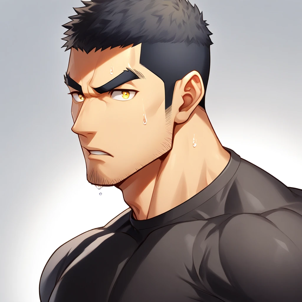 anime characters:Gyee, Muscle Sports Student, 1 muscular tough guy, Manliness, male focus, Close-up of the side, Light yellow high collar long sleeve tight T-shirt, Very tight, The clothes were soaked with sweat, The pectoral muscles are oversized, Slightly transparent, muscular male, muscular, only, Upper body, alone, Black short hair, Thick eyebrows, stubble, Yellow eyes, Grey background, simple background, amazing quality, best aesthetics, Ridiculous, bright pupils, crew cut, parted lips, v-shaped eyebrows, jitome, disdain, drop shadow, best quality