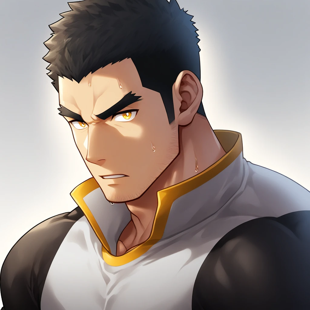 anime characters：Gyee, Muscle Sports Student, 1 muscular tough guy, Manliness, male focus, Close-up of the side, Light yellow high collar long sleeve tight T-shirt, Very tight, The clothes were soaked with sweat, The pectoral muscles are oversized, Slightly transparent, muscular male, muscular, only, Upper body, alone, Black short hair, Thick eyebrows, stubble, Yellow eyes, Grey background, simple background, amazing quality, best aesthetics, Ridiculous, bright pupils, crew cut, parted lips, v-shaped eyebrows, jitome, disdain, drop shadow, best quality