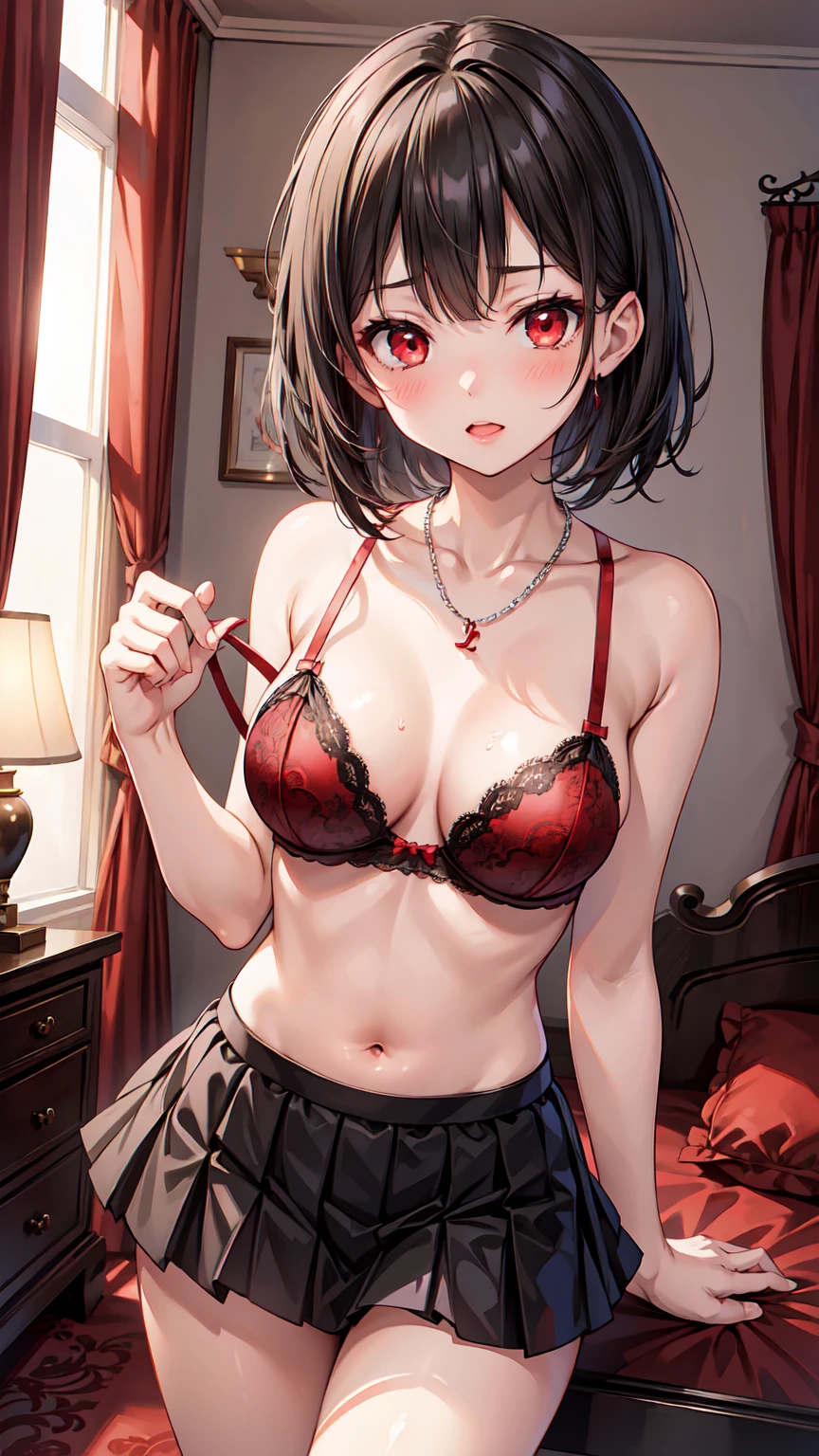 beautiful girl, sixteen years, erotic, slender, short black hair, red eyes, necklace, lingerie bra, skirt, love hotel room, ahegao