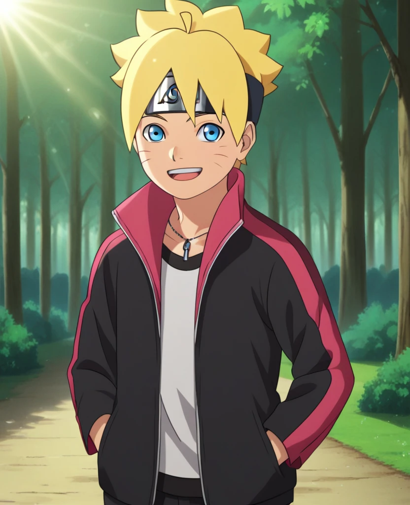 score_9, score_8, score_9, BREAK,, solo, male , boruto, blond hair, blue eyes, open jacket, hands in pockets, open smile, outdoors, forest, sunlight, shadows, natural lighting
