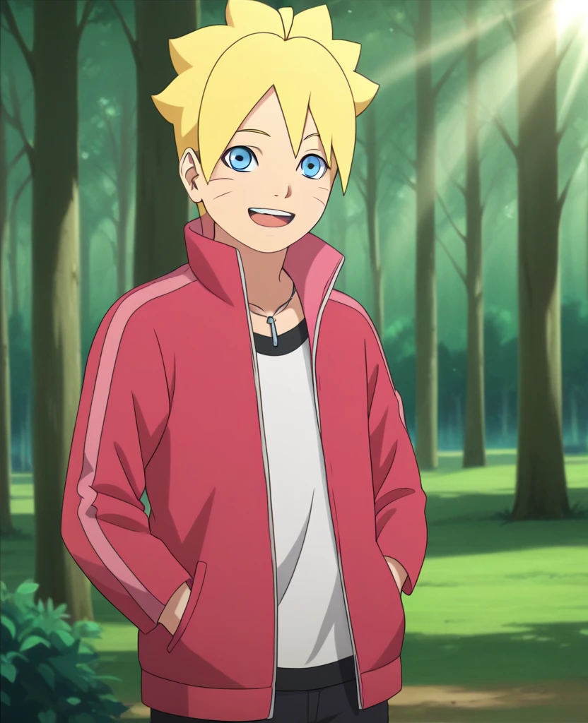 score_9, score_8, score_9, BREAK,, solo, male , boruto, blond hair, blue eyes, open jacket, hands in pockets, open smile, outdoors, forest, sunlight, shadows, natural lighting
