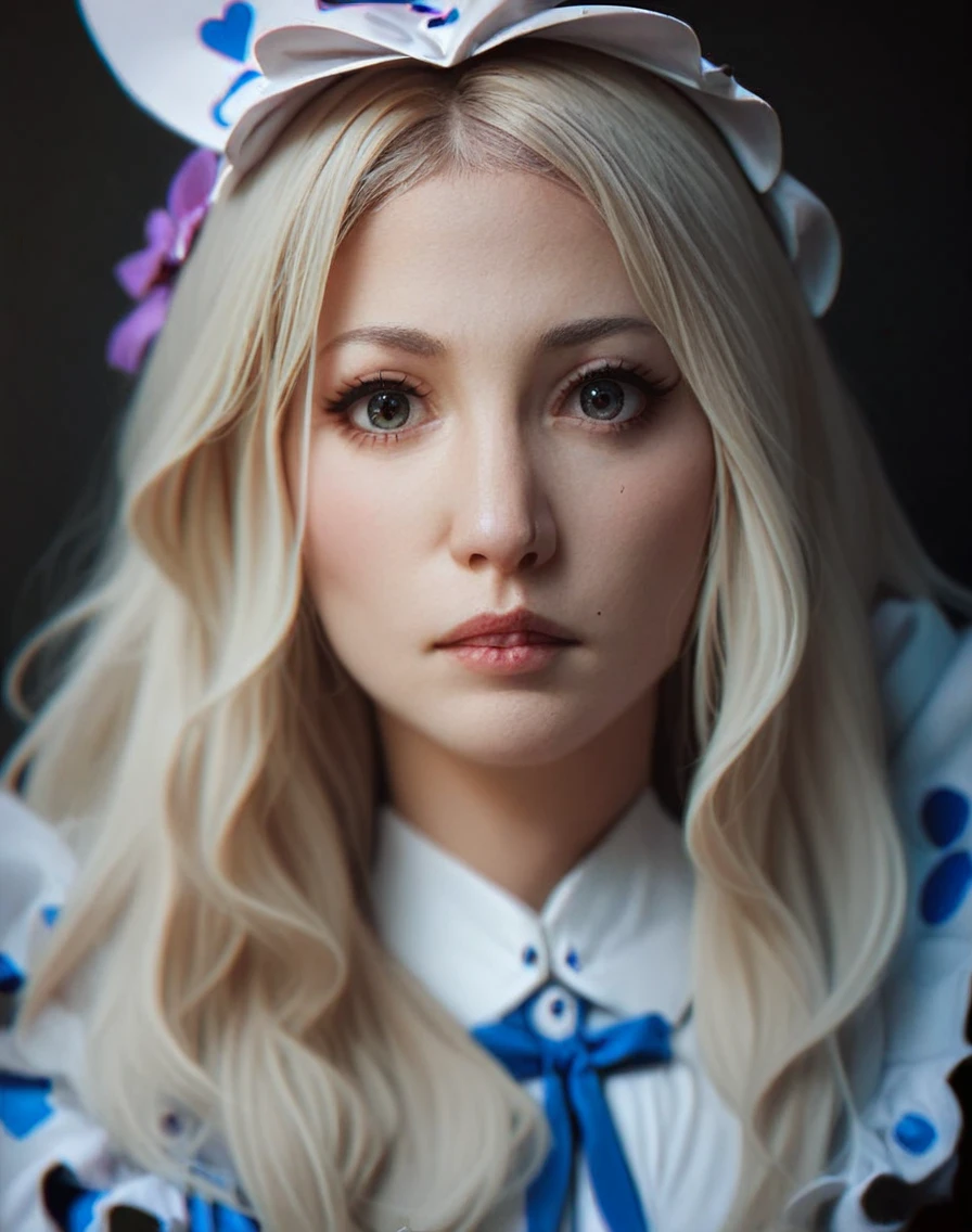 score_9, score_8_up, score_7_up, score_6_up, score_5_up, score_4_up, source_anime, KaleyCuoco,High Quality, Intricately Detailed, Hyper-Realistic cosplay Alice in wonderland, Portrait Photography