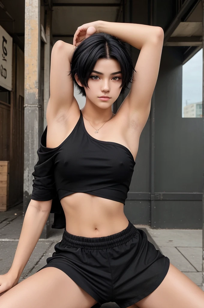 guy 18 years old. Shoulder length black short styles hair. Black eye. The face is beautiful, but not flashy. anime reskin style with chest see front Street body wearing houdi