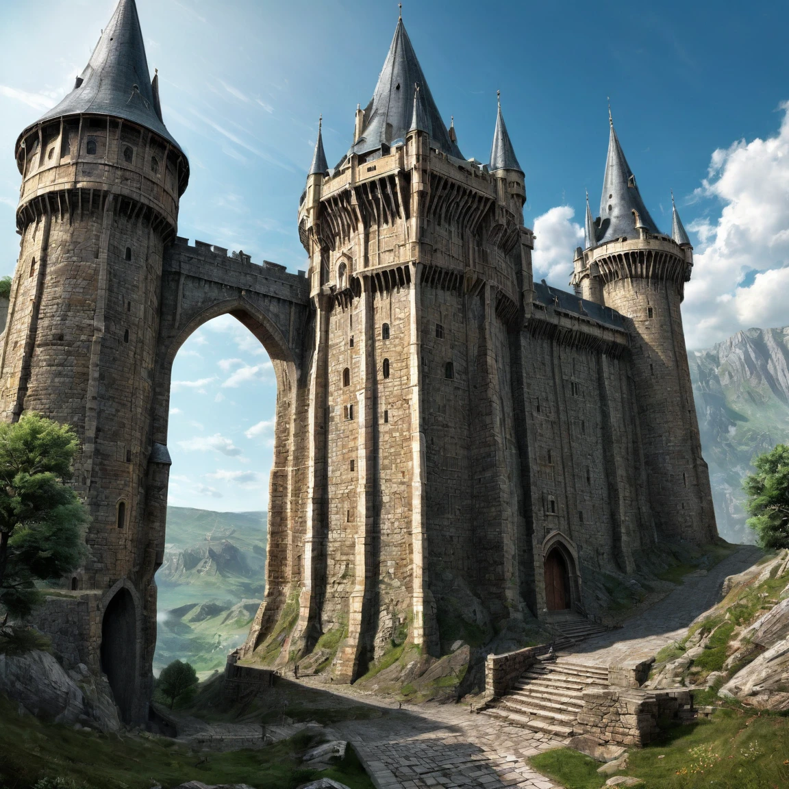 (best quality)), ((masterpiece)), ((realistic,digital art)), (super detailed), gigantesque forteresse en gneiss occupant toute la vue, very important fortifications, (gigantic, very slender towers), (medieval fantasy style), view from the ground