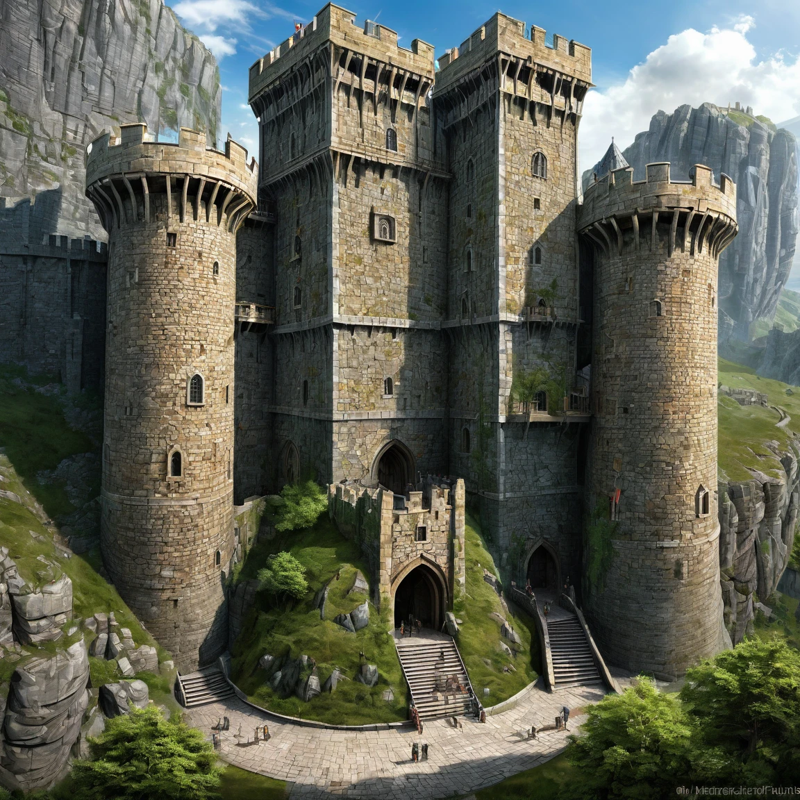 (best quality)), ((masterpiece)), ((realistic,digital art)), (super detailed), gigantesque forteresse en gneiss occupant toute la vue, very important fortifications, (gigantic, very slender towers), (medieval fantasy style), view from the ground