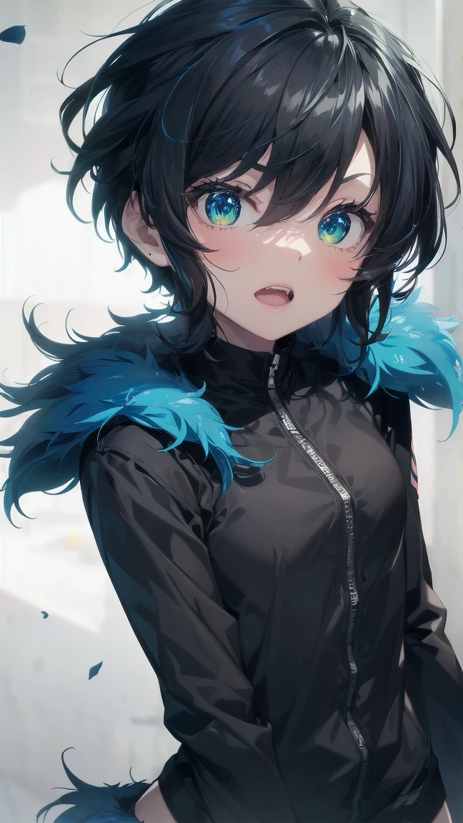 Close-up of a cartoon girl with blue hair and a yellow shirt, 2D Animation, 2D Animation style, 2D Art, 2D Art, 2D from Gorillaz, 2D from Gorillaz, 2D Gorillaz, Screaming Cerket, 2D Sprites, Jinx Face, short hair, hot pants, Small breasts, ((Black Hair, Bright blue fur inside:1.4))