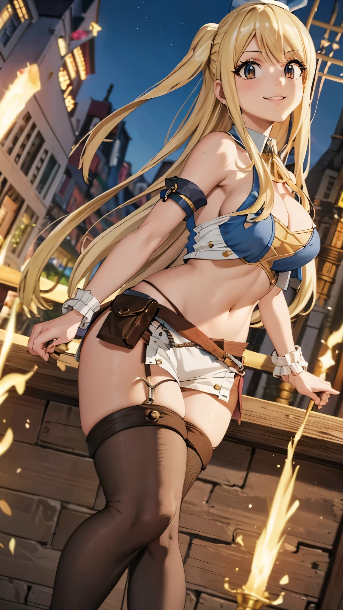 CG, unity, 8k, wallpaper, highest quality, masterpiece, 1 girl, lucy heartfilia, blonde, smile, dynamic pose, (stocking: 1.5), thighs, sexy, best lighting, complex pupils, complex textile, realistic skin texture, detailed background, (In a Western-style fantasy city), dynamic angle