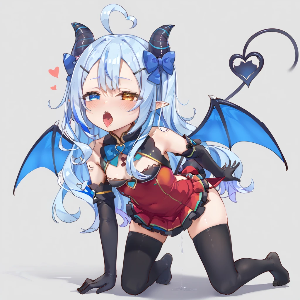 1girl, akugaki koa, idol es, heart ahoge, blue bow, blue eyes, yellow eyes,heterochromia, open mouth, pointy ears, wings, tail, horns, hairclip, heart ahoge, hair bow, masterpiece, best quality, very aesthetic, absurdres, black thighhighs, black elbow gloves, full body, bedroom background, ahegao, small breasts, spread legs, tai grab, grabbing others tail, lifted from tail, grabbing tail from behind, hanging from tail