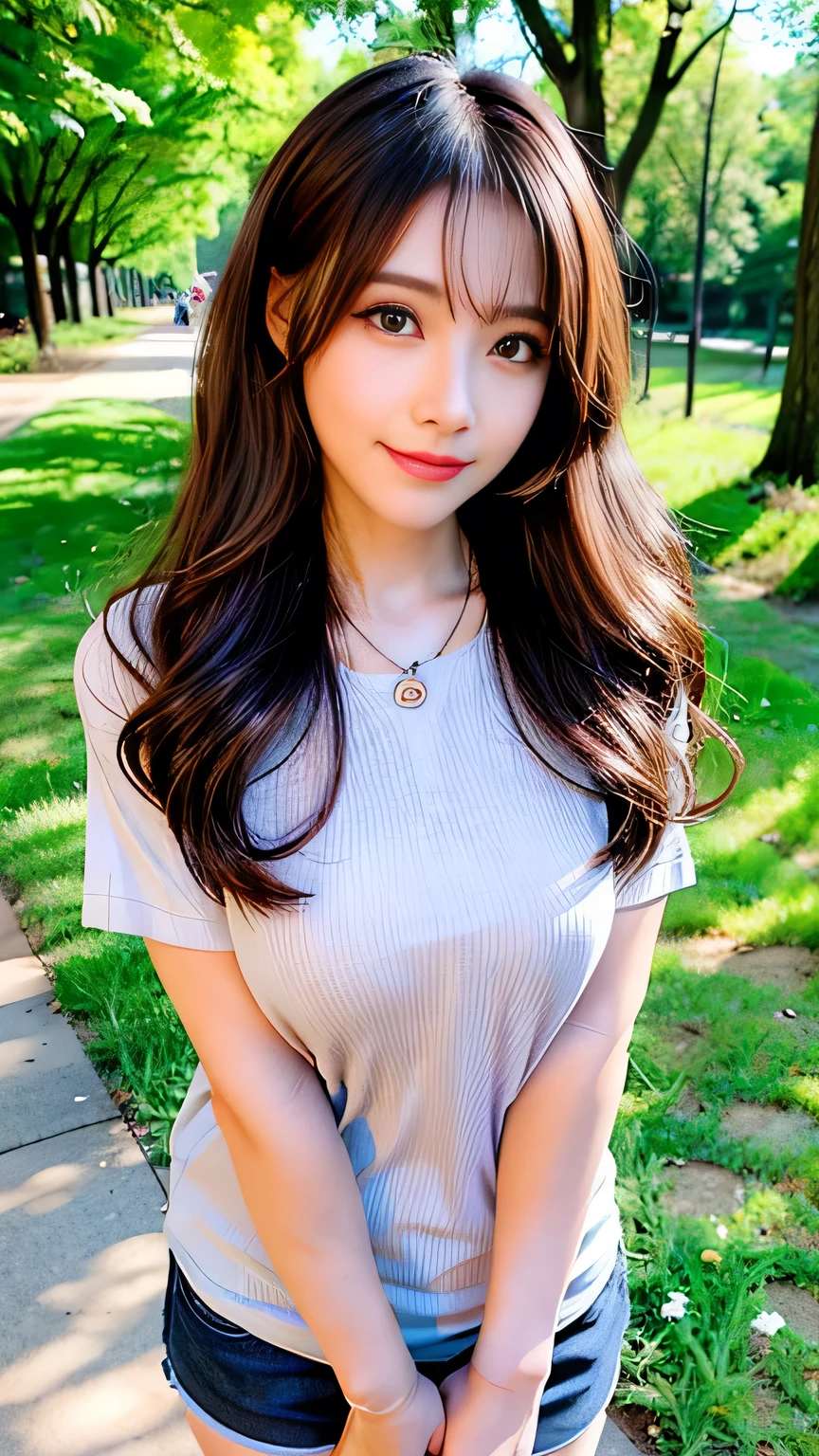 ((Full Body Angle:1.1)),((highest quality, 8K, masterpiece: 1.3)), concentrated: 1.2, Cute girl 1,Nipples erect、 Perfect beauty: 1.4,Crisscross V-neck T-shirt, Casual summer short sleeve t-shirt: 1.2,Long sleeve、Randall Color、comics&Text Graphics、Black ruffle-trimmed drawstring zip blouse,1.1, Highly detailed face and skin textures, Fine grain, double eyelid, whitening skin, ,highest quality,Ultra-high resolution,you,1 girl,alone,_Shiny_skin,Iris,necklace,((Brown_length_Wavy_hair)),(lips)),eyelash,Front hair,deal with,compensate,Shiny,pore,skin texture,Large Breasts、smiling face、garden、Selfie、