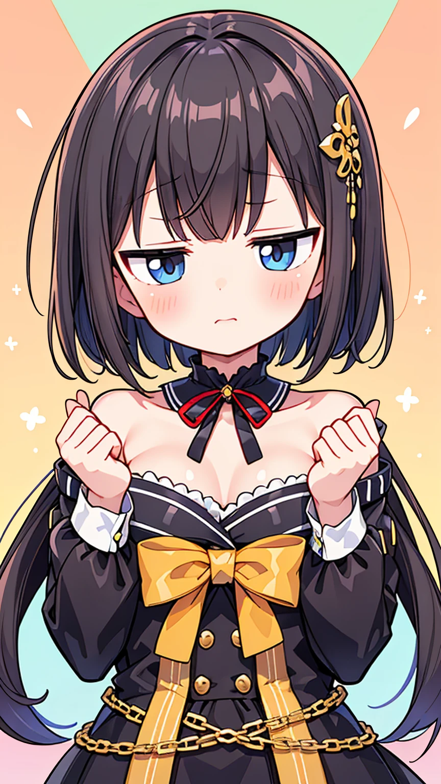 A girl with black hair in twin tails tied with yellow ribbons and wearing a sailor uniform、With her  out、Orgasm Sex