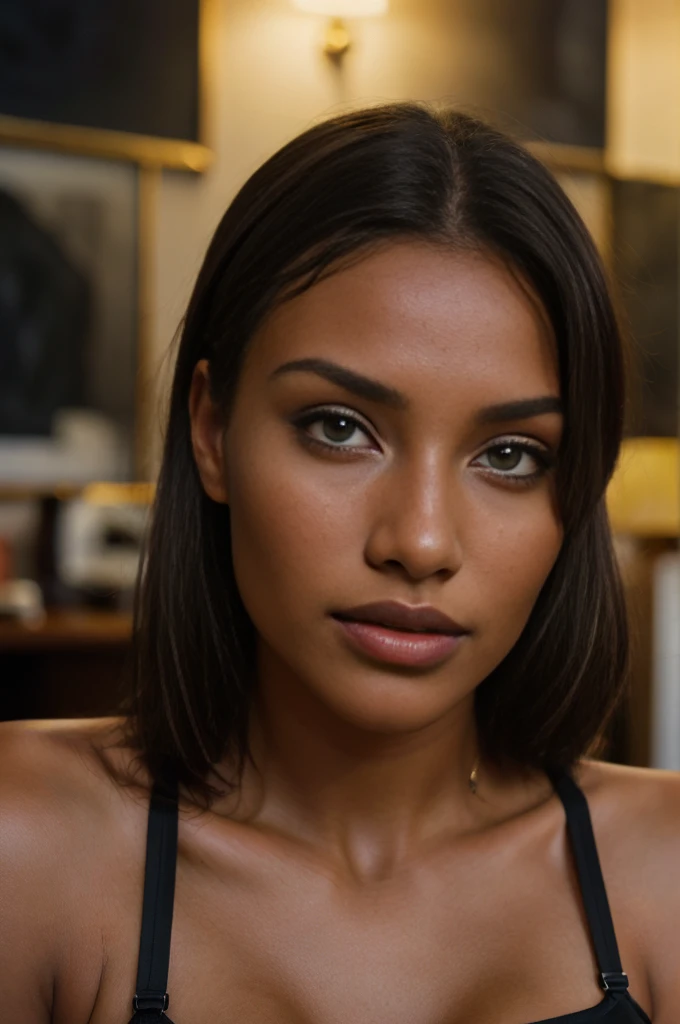 (close-up, editorial photograph of a 21 year old woman), araffed woman in a black bra top posing for a picture, violet myers, sexy girl with dark complexion, portrait sophie mudd, seductive lady, young black woman, in a black betch bra, black bra, gorgeous latina face, photo of a black woman, photo of a beautiful woman, black young woman, olive skinned, she has olive brown skin,, (highly detailed face:1.4) (smile:0.7) (background inside dark, moody, private study:1.3) POV, by lee jeffries, nikon d850, film stock photograph ,4 kodak portra 400 ,camera f1.6 lens ,rich colors ,hyper realistic ,lifelike texture, dramatic lighting , cinestill 800,