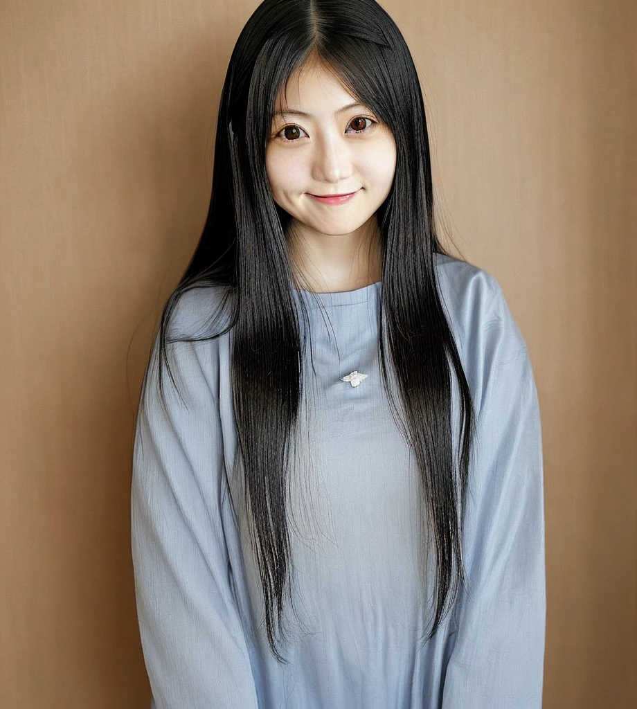 A Japanese woman in her early 20s who looks like Imada Mio。With long hair、Black straight hair。With a smile、give a cute impression。