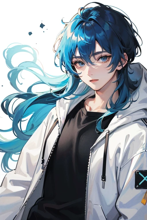 ((best quality)), ((masterpiece)), (detailed), 1boy, Official fine art，Korean man，Glowing white particles,(sidelighting:1.2),highres,white background,perfect face,black hoodie,blue eyes,blue hair, late,The upper part of the body, 2D,casual 