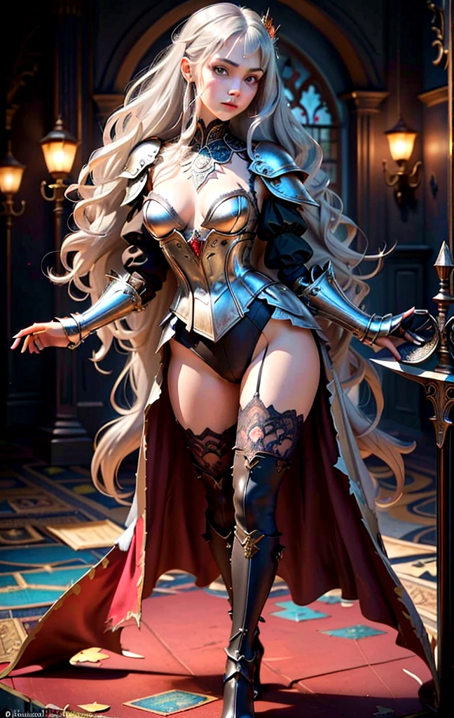 ganzkörper bild,ganzkörper darstellung((Masterpiece)), (Best Quality),(Cinematic),(highly accurate drawing in every detail)(extremely precise representation)(ganzkörper bild) evil awe inspiring night time with full moon scenery,1girl,fit,small breasts,long legs,sporty butt, red eyes, pale light grey skin, we capture a standing stunning tall young vampire girl with mindblowing face that takes a nice pose and showing her vampyfangs keeping her fine crafted straight-sword in front of her krypta surrounded wearing a beautifully crafted blued steel with brass ornaments meager and form fitting plate armor with some lace covered skin , extreme long silver hair, overknee armor heeled boots with buckles. (Masterpiece), (Best Quality), (ultra detailed), (most absurd), (highres), (official art:1.4), (illustration:1.4), (clear image:1.2),(delicate illustration: 1.2), 8k ,(detailed face:1.3), (highlights in eyes:1.3), (detailed silver long hair:1.3), (detailed skin:1.3), , perfect drawing lines. detailliertes ganzkörper bild,kopf und hände und füsse im bild, strigoi, nosferatu, fangs, vampyfangs