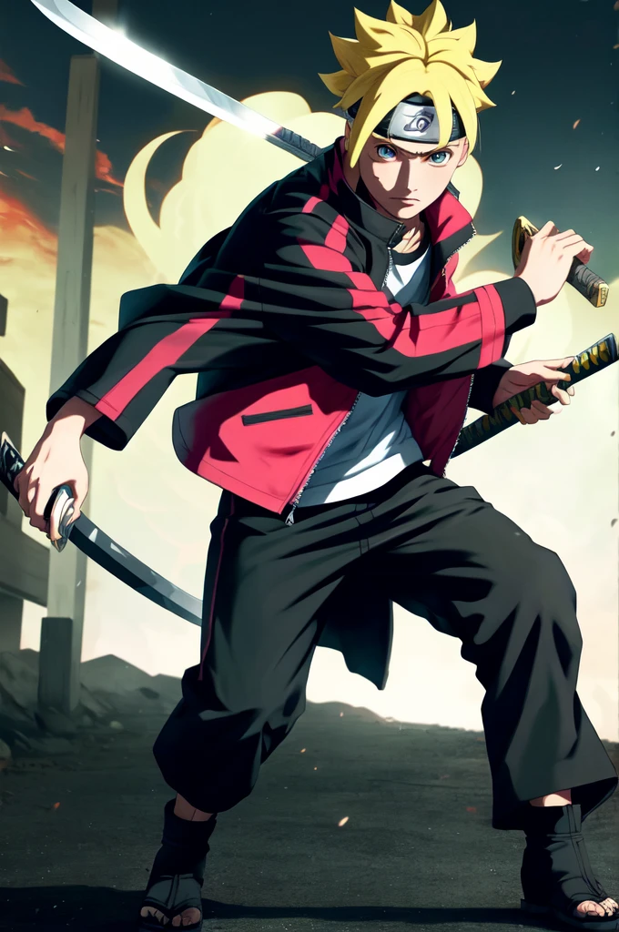 masterpiece,best quality,highres,realistic,1boy,full body,blonde_hair,headband,forehead_protector,jacket,uzumaki_naruto,spiked_hair,
holding weapon, katana,