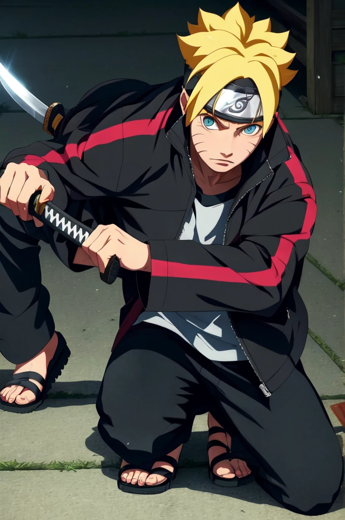 masterpiece,best quality,highres,realistic,1boy,full body,blonde_hair,headband,forehead_protector,jacket,uzumaki_naruto,spiked_hair,
holding weapon, katana,