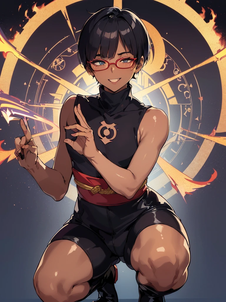 (flat chest:), (masterpiece:1.2), highest quality, High resolution, unity 8k wallpaper, (fine and beautiful eyes:1.6), highly detailed face, perfect lighting, Detailed CG, (perfect hands, perfect anatomy), (1 boy solo:1.4), 20 years old, black hair, extremely beautiful detailfeminine face and eyes, (evil smile:1.4), detailed eyes, best quality,( dark skin:1.8), (turtleneck shirt under yukata:1.2), (bike shorts:1.2), extremely detailed, very precise detailed, (glasses:1.3), blunt bangs, open mouth, (very short pixie cut:1.2), boots,fingerless gloves, smile, (half closed eyes:1.5),(burning fire background:1.3), ,(squat in magic circle on ground:1.1) ,night sky,long sidelocks,(long red Scarf),(yukata),(squatting),(acrobat pose:1.3),(squat:1.3),leaning forward,(one knee dwon:1.5),(Put one foot in front:1.3),(stylish pose:1.4),(Raise only index finger:1.1),(Joining hands:1.5),(retro artstyle:1.2), (1990s \(style\)),(in magic circle on ground only:1.3),(from above:1.2),(have a bill:1.6)