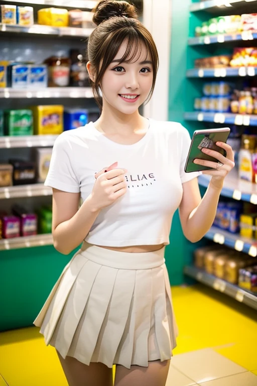 a gorgeous lady, age 22, white T-shirt, pleated mini-skirt, smiling at her phone in a convenience store, shy expression, dimples, cute snaggle-tooth, short hair ponytail, photorealistic, beautiful detailed face, beautiful detailed eyes, ample round bosom, hyper-realism, high contrast, ultra HD, realistic skin textures, top image quality, top-quality, super high resolution, fine details, very meticulously, masterpiece, head to thigh, romantic feel, bokeh background