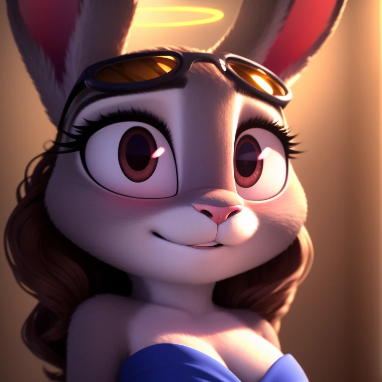 Judy Hopps, strapless tight dress, cleavage, two-tone hair (brown hair, black tip)), curly hair, halo, sunglasses, jewelry, red eyes, longeyelashes, red eyes, smile, shy, blush, high detail, masterpiece, UHD, anatomically correct, super detail, highres, 4K