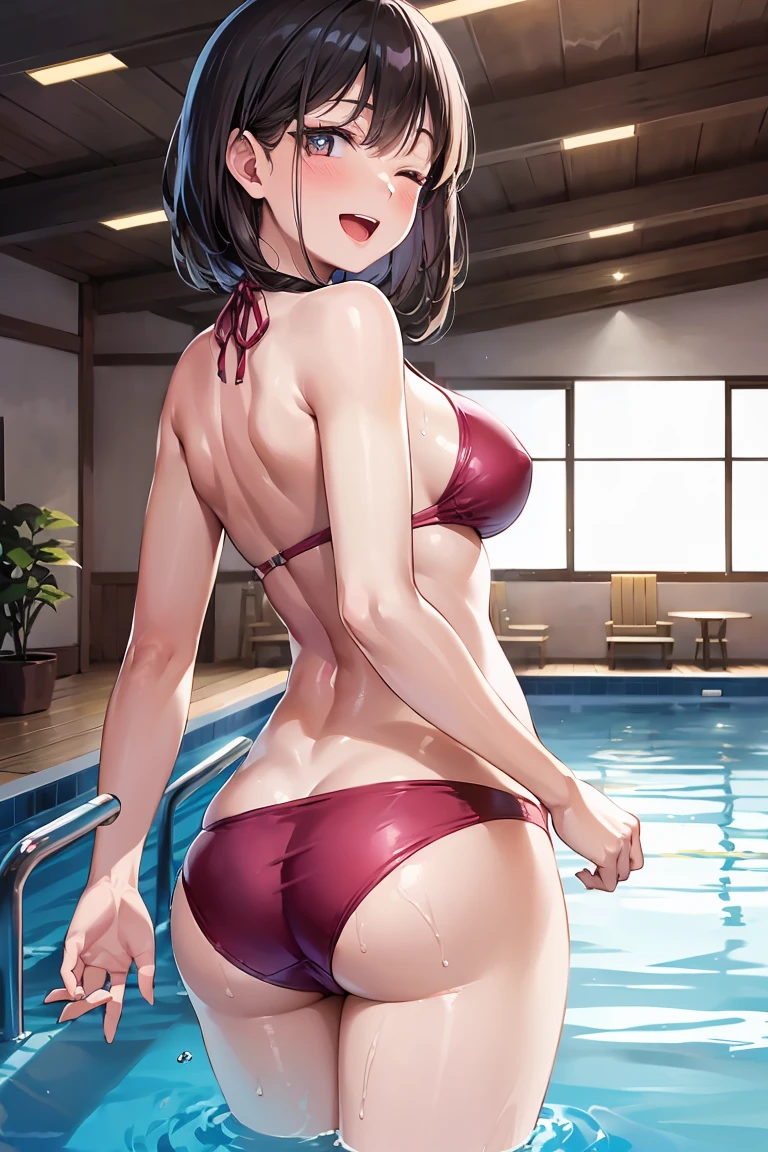 high resolution, extremely detailed CG, unity 8k wallpaper, super detailed skin, perfect anatomy, detailed, cinematic lighting, dynamic lighting, beautiful detailed eyes, smile、one eye closed, right eye closed, surprised eye open mouth, blush, Japanese、Peaceful face、(40-year-old woman:1.8)、Married Woman、Plump body、belly button、Black Hair、Bursting Busty、Show your ass、arms behind back, Very pretty background、pink bikini, (gleaming skin:1.4)、(indoor pool, heated pool)、(looking back at viewer:1.6)、My feet are in the water、standing in the water