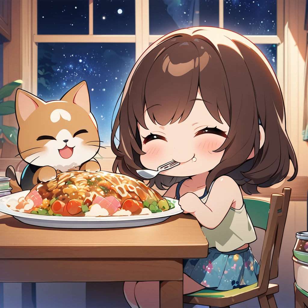 masterpiece、Highest quality、Depth of subject、２D illustration、1 beautiful girl、独奏, (((chibi style)))、((night)), ((window)), ((starry sky)), Long, beautiful hair、shiny brown hair、cute、Beautifully detailed eyes、((Tank top))、a cute sleeping kitten on chair, ((colorful))、mini skirt、((happy smile))、((Canned Chuhai)), ((close up shot))、((eating dinner)), ((in the room))、((There&#39;s a lot of pink around))、Thighs、((vivid color))、sparkle、((Lens flare))、