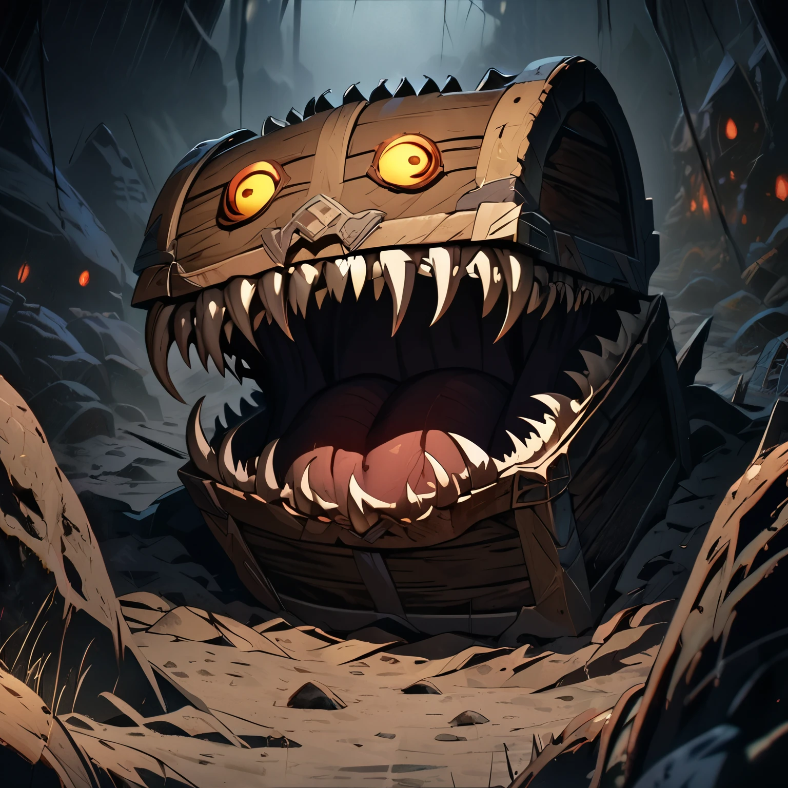 a mimic with open mouth, flies towards viewer, dark dungeon, gritty horror atmosphere, (best quality,4k,8k,highres,masterpiece:1.2),ultra-detailed,(anime style),dark lighting, dramatic shadows, detailed texture, terrifying monster, dynamic action pose, intense horror vibes