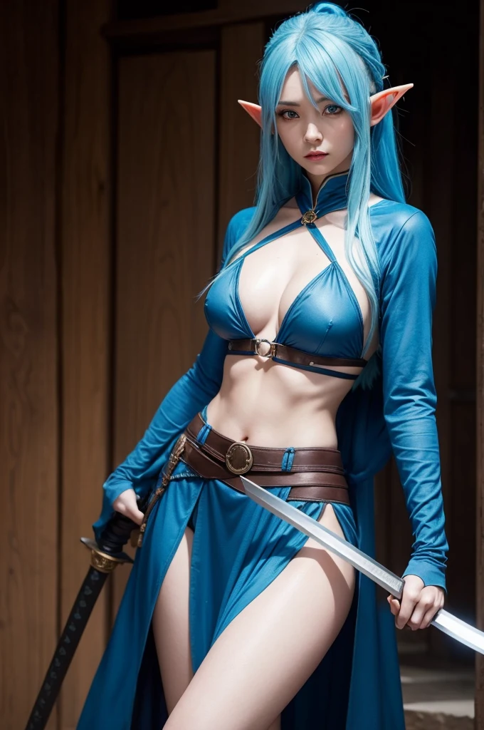 Female elf with blue hair and she is a mage with katana