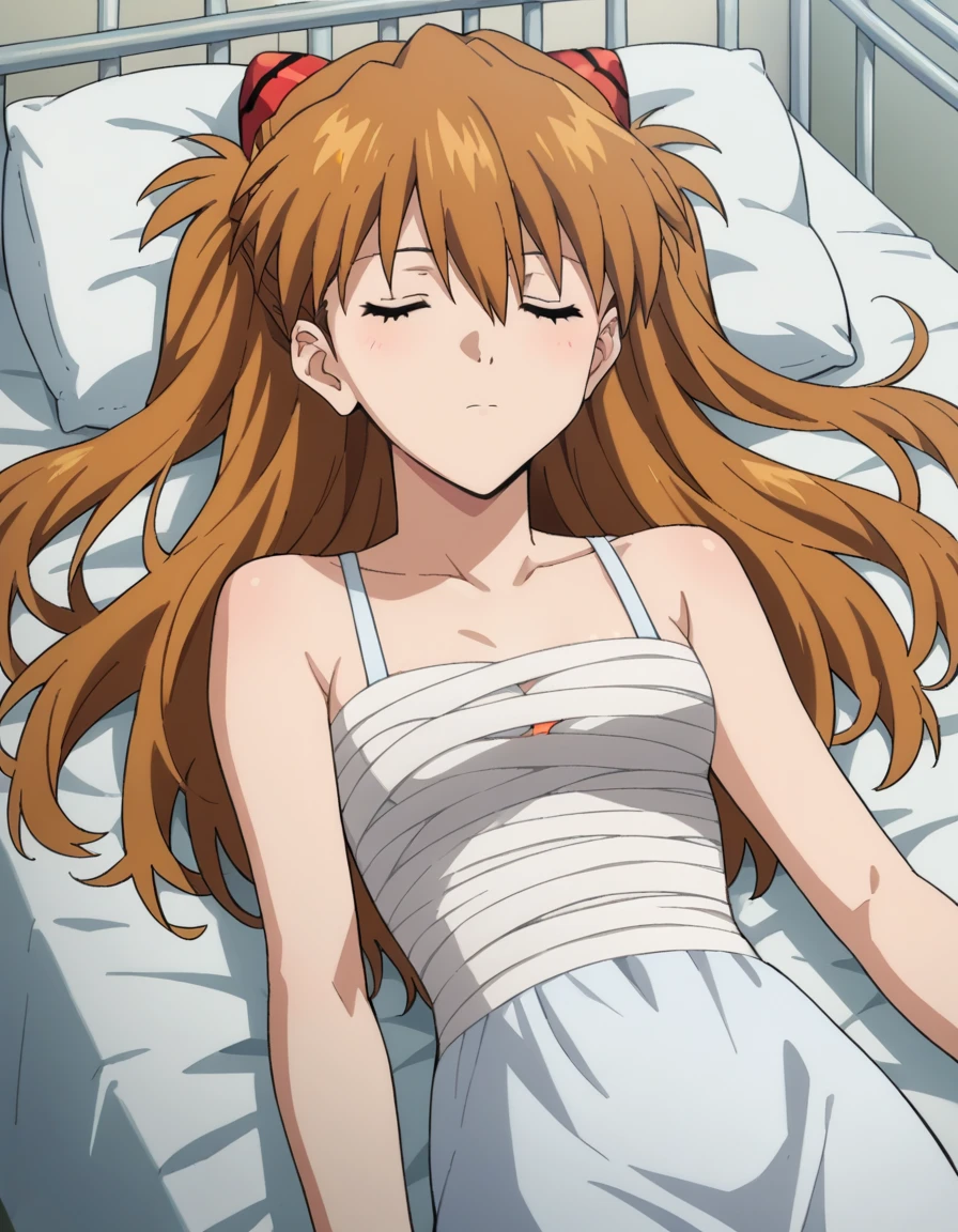 bandage ((Nude))score_9, score_8_up, score_7_up, source_アニメ,
asukalangley, asuka langley soryu, long hair, bangs, brown hair, hair ornament,
hospital gown,
indoors, hospital, lying on back, sleeping, hospital bed, closed eyes,
looking at viewer, dutch angle, cowboy shot,