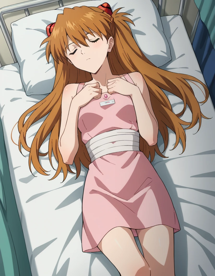 bandage ((Nude))score_9, score_8_up, score_7_up, source_アニメ,
asukalangley, asuka langley soryu, long hair, bangs, brown hair, hair ornament,
hospital gown,
indoors, hospital, lying on back, sleeping, hospital bed, closed eyes,
looking at viewer, dutch angle, cowboy shot,