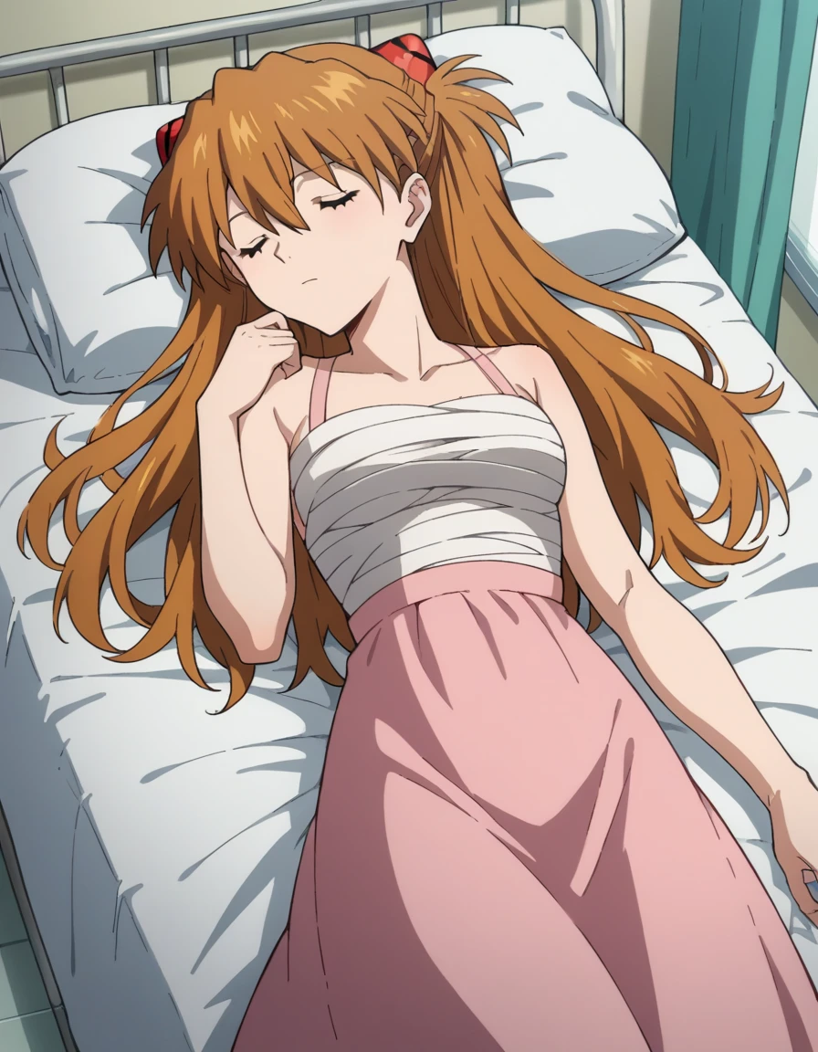 bandage ((Nude))score_9, score_8_up, score_7_up, source_アニメ,
asukalangley, asuka langley soryu, long hair, bangs, brown hair, hair ornament,
hospital gown,
indoors, hospital, lying on back, sleeping, hospital bed, closed eyes,
looking at viewer, dutch angle, cowboy shot,