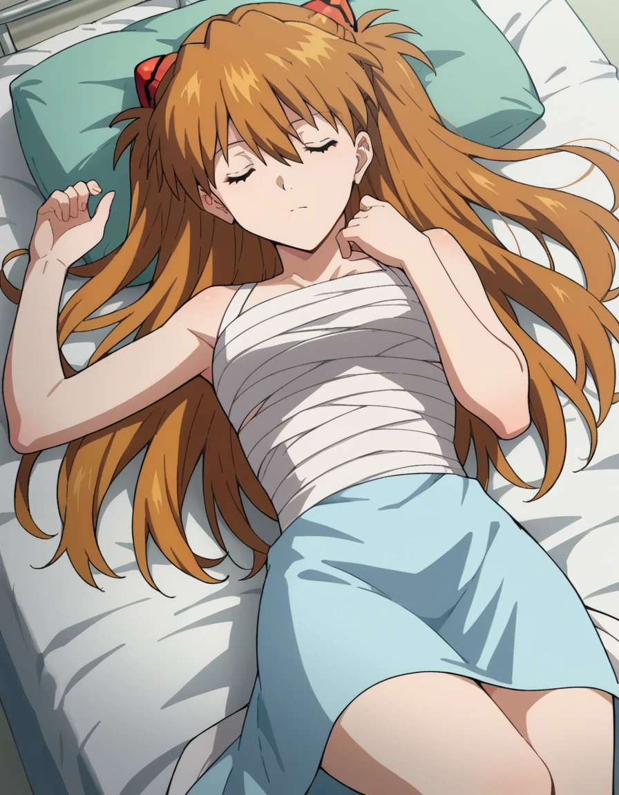 bandage ((Nude))score_9, score_8_up, score_7_up, source_アニメ,
asukalangley, asuka langley soryu, long hair, bangs, brown hair, hair ornament,
hospital gown,
indoors, hospital, lying on back, sleeping, hospital bed, closed eyes,
looking at viewer, dutch angle, cowboy shot,