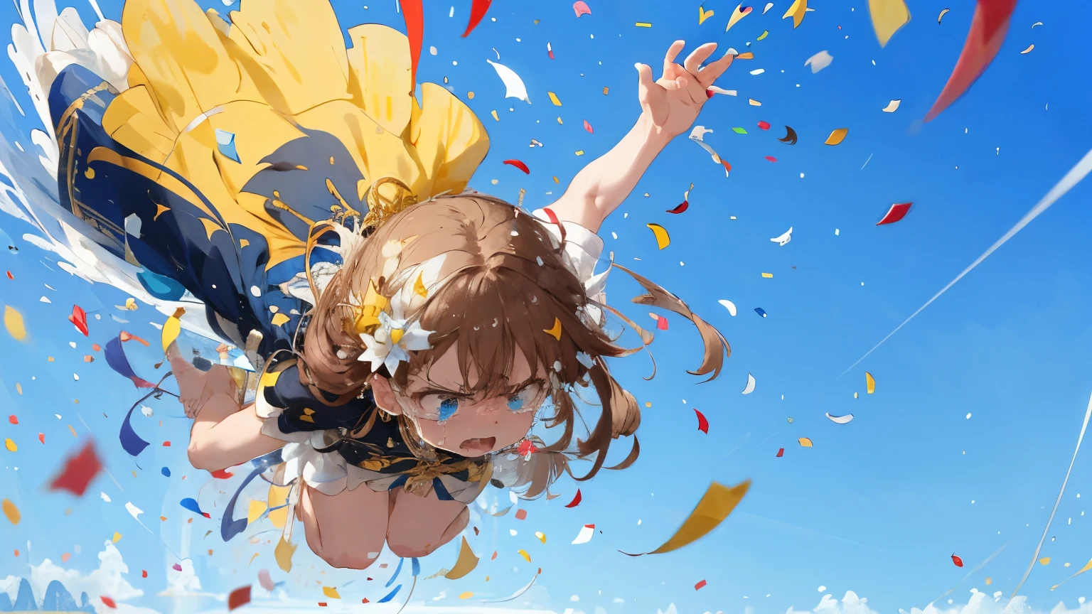 ((Highest quality)), ((masterpiece)), ((Very detailed)),Floatingする女の子,Angry expression，floating，Floating，Confetti，Brown Hair,tears,Levitating,Blue sky background,Feet in the air,tears,gravity,Swoop