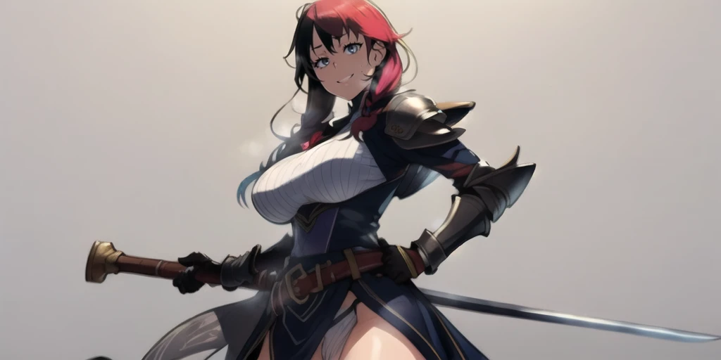 yukinoshita yukino, long hair, black hair, grey eyes, makeup, curvy, anatomically correct, heavy breathing, huge breasts, sword, weapon, 1girl, solo, armor, long_hair, sheath, breasts, hand_on_hip, belt, large_breasts, grey_background, shoulder_armor, pauldrons, gloves, holding, "glow effects, godrays, Hand drawn, render, 8k, octane render, cinema 4d, blender, dark, atmospheric 4k ultra detailed, cinematic, Sharp focus, big depth of field, Masterpiece, colors, 3d octane render, 4k, concept art, trending on artstation, hyperrealistic, Vivid colors, extremely detailed CG unity 8k wallpaper, trending on CGSociety, Intricate, High Detail, dramatic", (shaded face:1.2), hollow eyes, grey eyes, looking at viewer, seductive smile, mole under mouth, makeup, lips, sweating,