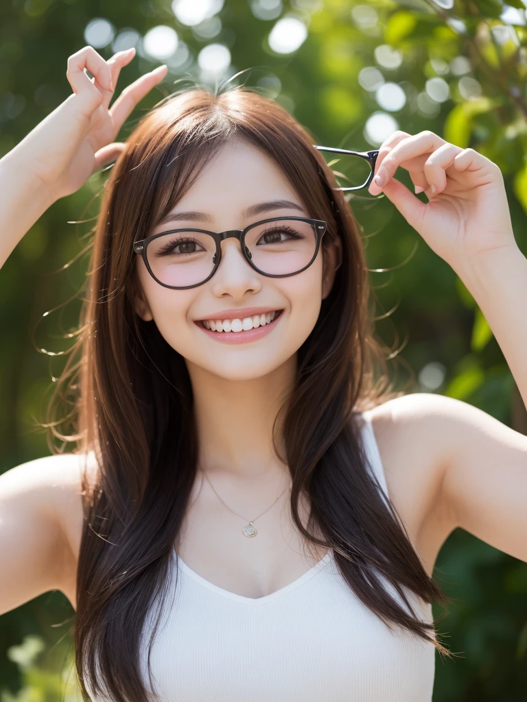 Beautiful young girl，Glasses with narrow frames，Face lighting，最high quality， ((((Very smiling，Summer women&#39;s clothing，Beautiful feet，Cafe，evening)))，非常にBeautiful detailsな顔, (Slender body:1.4), (Detailed face:1.2), Conceptual Art, high quality, Realistic, Very detailed CG 統合 8k 壁紙, Very detailed, High resolution raw color photos, Professional photography, Cinematic Light, Beautiful details, Super detailed, Advanced Details, Depth of written boundary, Super stylish lighting, (Beautiful small chest:1.2), Smooth and flawless skin, Expressive and captivating eyes, Well-defined facial features, A perfectly balanced face, Fine Details and Realistic Textures，Blurred Background