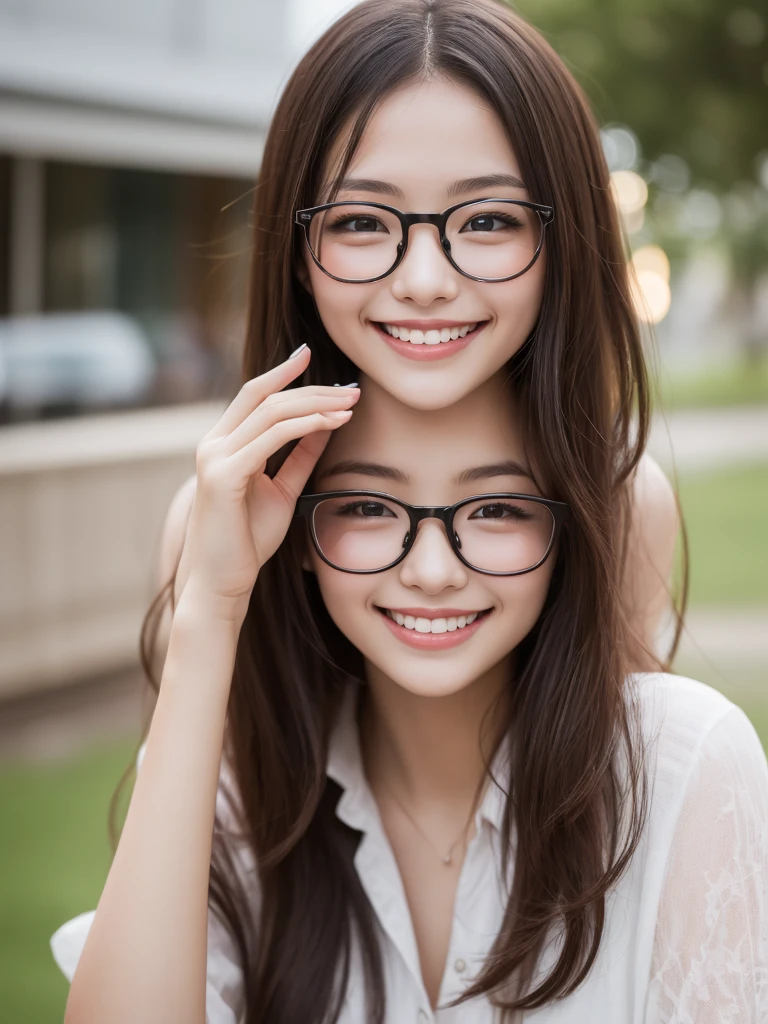Beautiful young girl,Glasses with narrow frames,Face lighting,最high quality, ((((Very smiling,Summer women's clothing,Beautiful feet,Cafe,evening))),非常にBeautiful detailsな顔, (Slender body:1.4), (Detailed face:1.2), Conceptual Art, high quality, Realistic, Very detailed CG 統合 8k 壁紙, Very detailed, High resolution raw color photos, Professional photography, Cinematic Light, Beautiful details, Super detailed, Advanced Details, Depth of written boundary, Super stylish lighting, (Beautiful small chest:1.2), Smooth and flawless skin, Expressive and captivating eyes, Well-defined facial features, A perfectly balanced face, Fine Details and Realistic Textures,Blurred Background