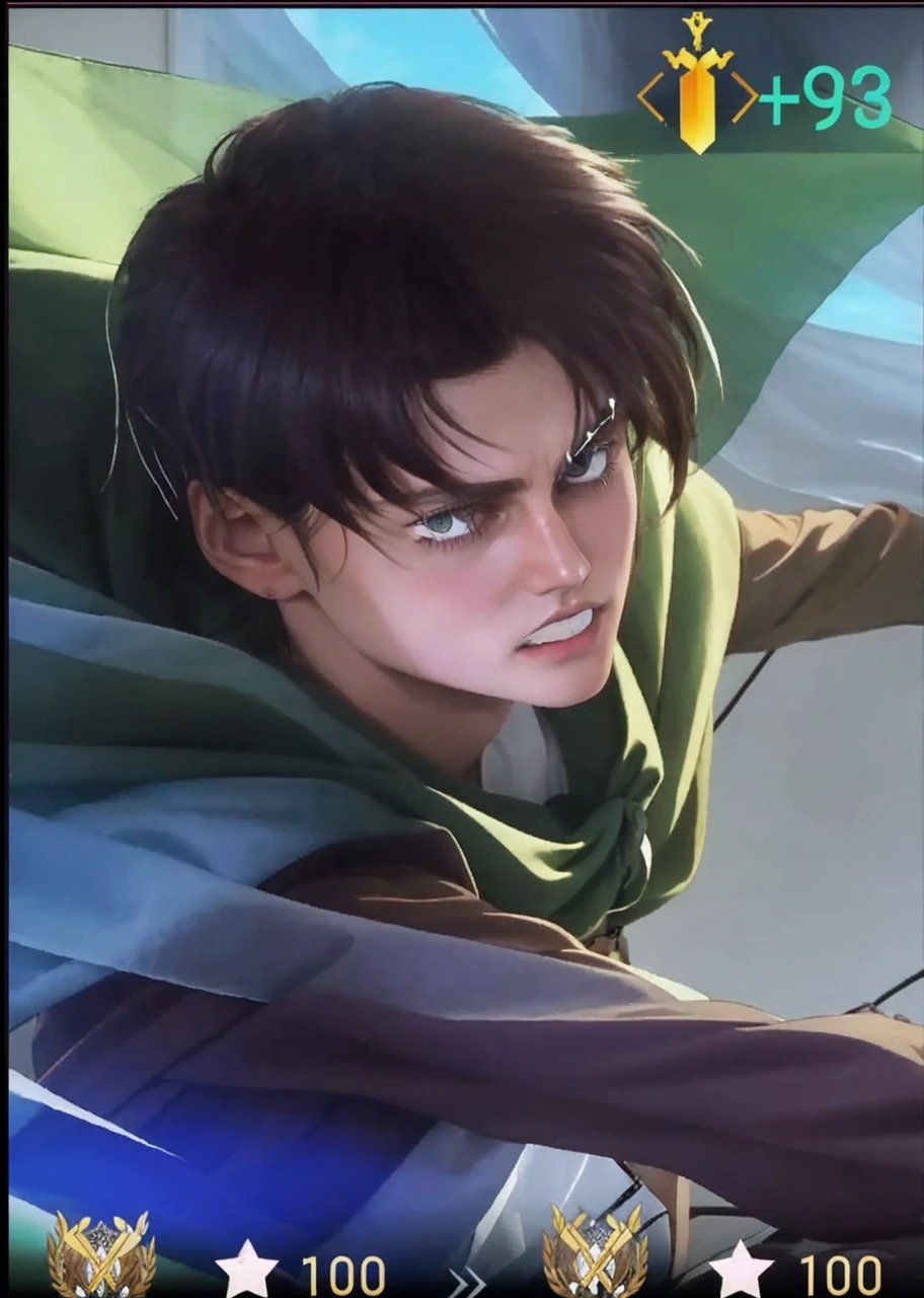 Eren Yeager has a German appearance, with a fairly long face, brown hair, round turquoise eyes. His skin appears slightly yellower than the other characters. Her short hair reached the nape of her neck and was parted in front of her forehead in a kind of curtain. The eyes are quite large and expressive.